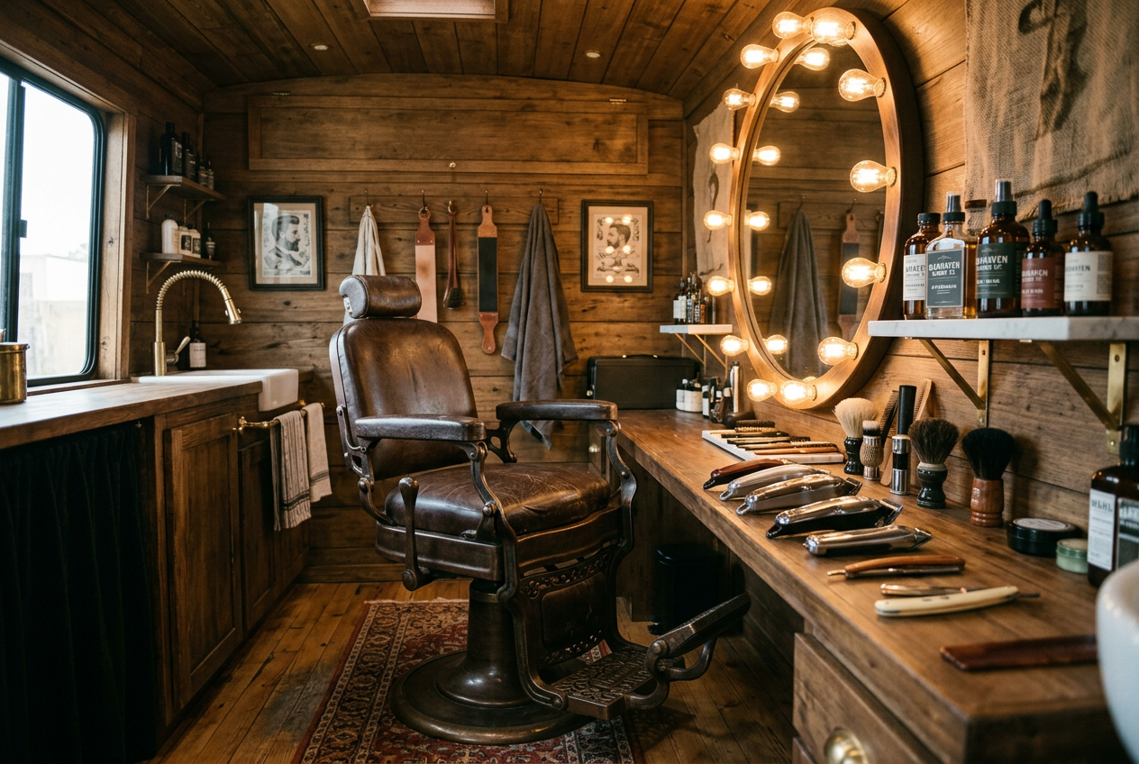 Intérieur du truck Coiff 29 — fauteuil barbier vintage et miroir Hollywood
